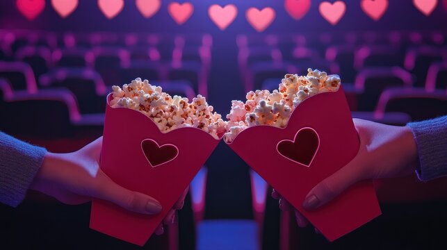 Romantic movie date with popcorn, illuminated heart accents and theatre seats in the background