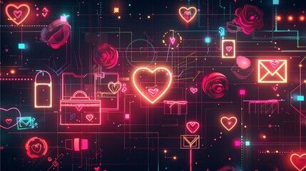 Fototapeta premium abstract colorful neon hearts and symbols on a digital background, glowing and twinkling, representing digital love and connections