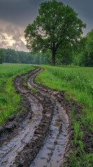 Obraz premium Muddy road winding through a green field towards a large tree under a dramatic sky.