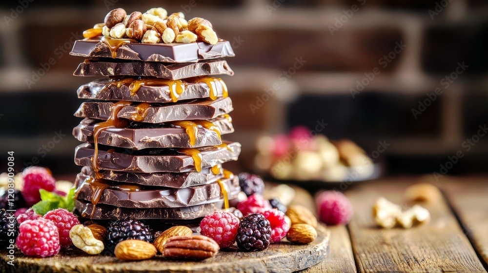 Poster stacked chocolate bars drizzled with caramel, adorned with nuts and assorted berries on a rustic woo