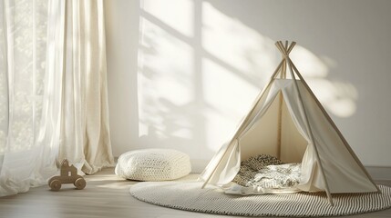 Sunlit playroom with teepee, rug, and toys.