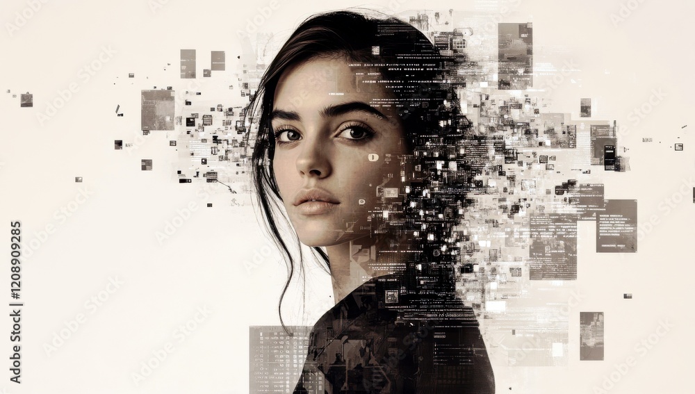 Poster portrait of young woman with digital data and information flow creating a dynamic abstract backgroun