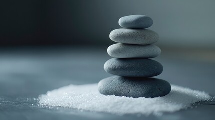 Zen garden with the stones and white sand pattern minimal scene Stack of Balanced Pebbles, zen pebbles, relax, massage, meditation, studio photography.