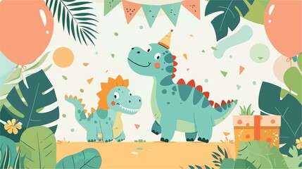 Obraz premium Dinosaur Animal Birthday Party Flat Vector Illustration Concept