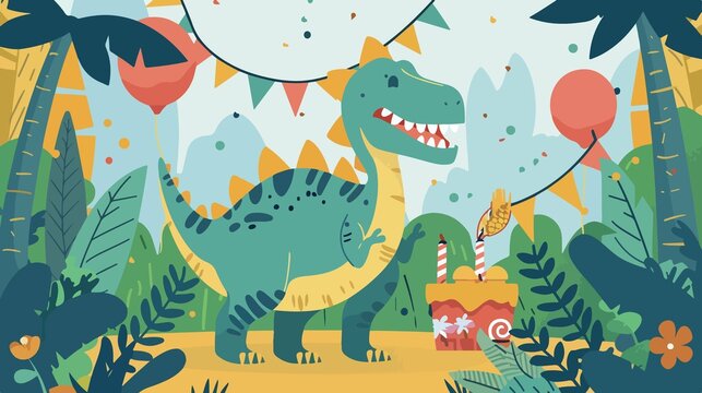 Dinosaur Animal Birthday Party Flat Vector Illustration