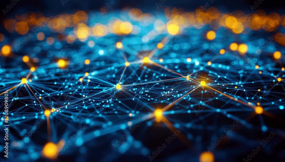 Poster abstract representation of digital connections with glowing dots and lines forming an intricate netw