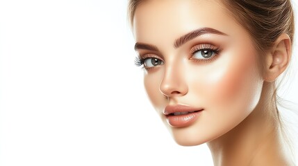 Fototapeta premium close up face portrait of pretty Caucasian woman smiling relax atmosphere, skincare and beauty concept 