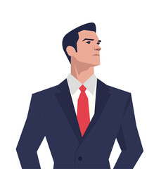 Confident business professional in a navy blue suit with a red tie, representing corporate culture, leadership, and professionalism