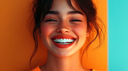 very fun and happy woman face expression portrait in bright tone color, woman smiling with orange backgorund