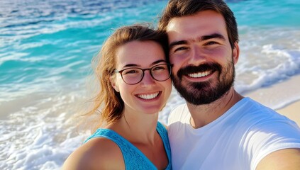 Fototapeta premium Happy couple enjoying summer beach vacation capturing selfie with ocean waves in background, bright sunlight and clear blue skies creating joyful atmosphere