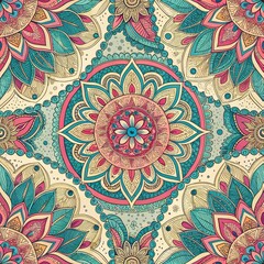 Intricate Floral Mandala Design Seamless Pattern Boho Chic Vintage Ornament Teal Pink Beige