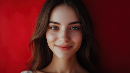 Obraz premium happy smiling woman face expression portrait in bright tone color, young Caucasian woman smiling 