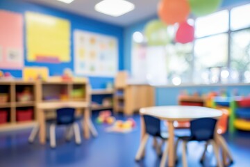 Vibrant Preschool Classroom with Colorful Play Area and Educational Toys for Young Children’s Learning and Activities.