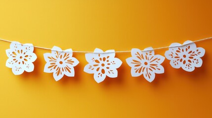 Obraz premium A decorative garland of intricate white paper flowers against an orange background.
