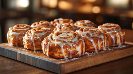 A tray of warm, gooey cinnamon rolls drizzled with icing, with the swirls of cinnamon visible through the soft, golden-brown pastry, placed on a wooden serving board with a light dusting of sugar.
