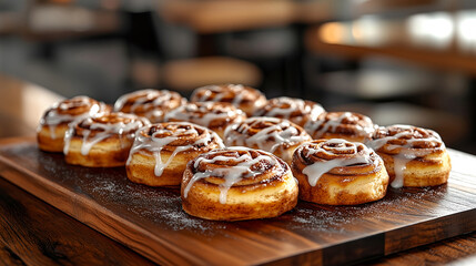 A tray of warm, gooey cinnamon rolls drizzled with icing, with the swirls of cinnamon visible through the soft, golden-brown pastry, placed on a wooden serving board with a light dusting of sugar.