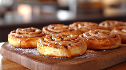 A tray of warm, gooey cinnamon rolls drizzled with icing, with the swirls of cinnamon visible through the soft, golden-brown pastry, placed on a wooden serving board with a light dusting of sugar.