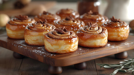 A tray of warm, gooey cinnamon rolls drizzled with icing, with the swirls of cinnamon visible through the soft, golden-brown pastry, placed on a wooden serving board with a light dusting of sugar.