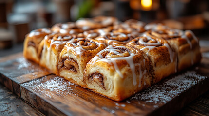 A tray of warm, gooey cinnamon rolls drizzled with icing, with the swirls of cinnamon visible through the soft, golden-brown pastry, placed on a wooden serving board with a light dusting of sugar.