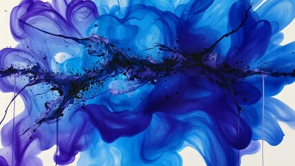 Colorful abstract painting featuring swirling shades of blue and purple with black accents in a dynamic composition - Powered by Adobe