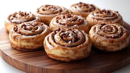 A tray of warm, gooey cinnamon rolls drizzled with icing, with the swirls of cinnamon visible through the soft, golden-brown pastry, placed on a wooden serving board with a light dusting of sugar.