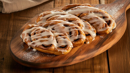 A tray of warm, gooey cinnamon rolls drizzled with icing, with the swirls of cinnamon visible through the soft, golden-brown pastry, placed on a wooden serving board with a light dusting of sugar.