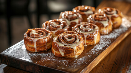 A tray of warm, gooey cinnamon rolls drizzled with icing, with the swirls of cinnamon visible through the soft, golden-brown pastry, placed on a wooden serving board with a light dusting of sugar.