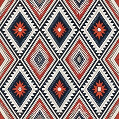 Geometric Textile Design Red Blue and White Diamond Pattern Seamless Repeat