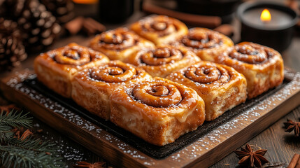 A tray of warm, gooey cinnamon rolls drizzled with icing, with the swirls of cinnamon visible through the soft, golden-brown pastry, placed on a wooden serving board with a light dusting of sugar.