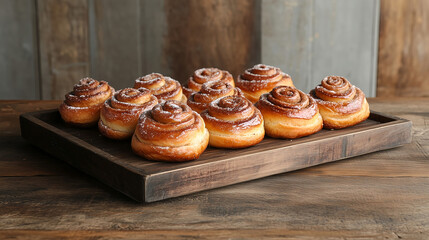 A tray of warm, gooey cinnamon rolls drizzled with icing, with the swirls of cinnamon visible through the soft, golden-brown pastry, placed on a wooden serving board with a light dusting of sugar.