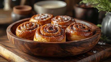 A tray of warm, gooey cinnamon rolls drizzled with icing, with the swirls of cinnamon visible through the soft, golden-brown pastry, placed on a wooden serving board with a light dusting of sugar.