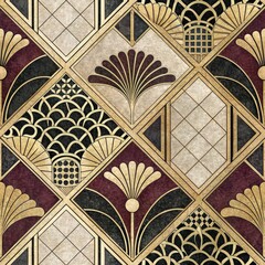 Seamless Art Deco Geometric Pattern Elegant Gold Black and Burgundy Diamond Tiles with Floral and