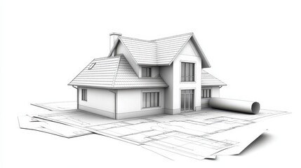 3d house on blueprint, architectural design and construction visualization