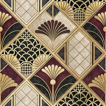 Seamless Art Deco Geometric Pattern Elegant Gold Black and Burgundy Diamond Tiles with Floral and