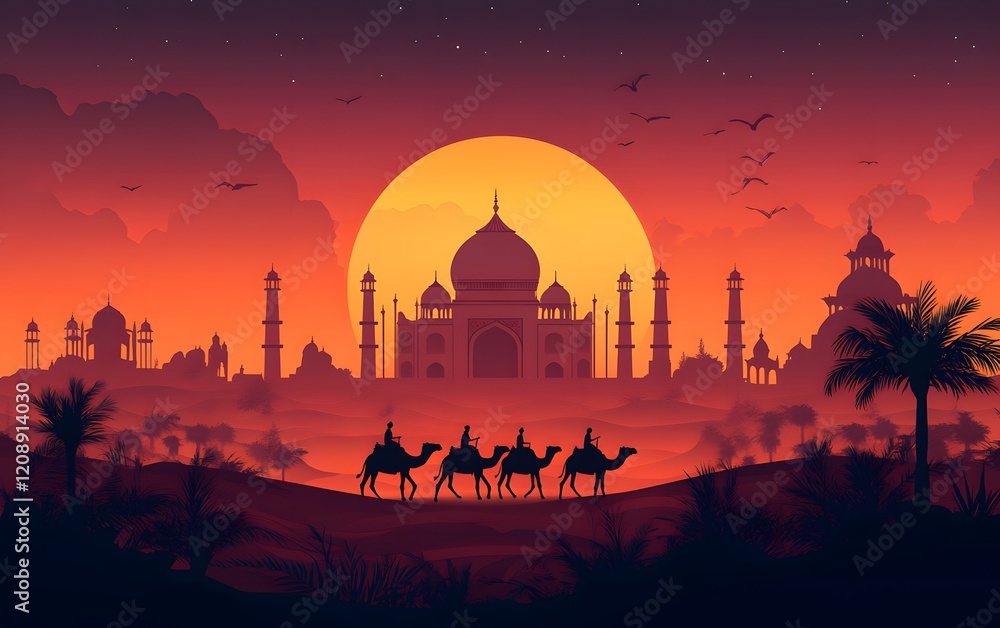 Wall mural Camel Caravan Silhouette at Sunset Taj Mahal View