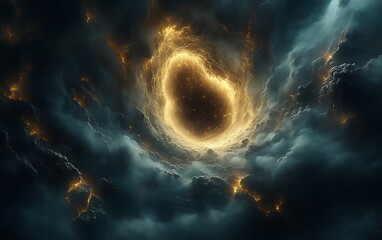 Glowing portal in dark stormy clouds.
