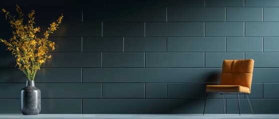 Modern Dark Grey Tile Wall  Yellow Flowers  Chair