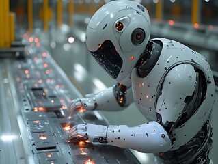 White robot working on assembly line.