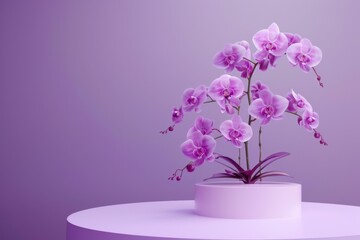 Naklejka premium Elegant Purple Orchid Arrangement on a Minimalist Display Table