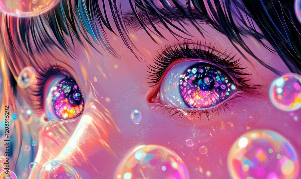 Poster enchanting close-up of mystical eyes with colorful sparkling reflections surrounded by bubbles and e