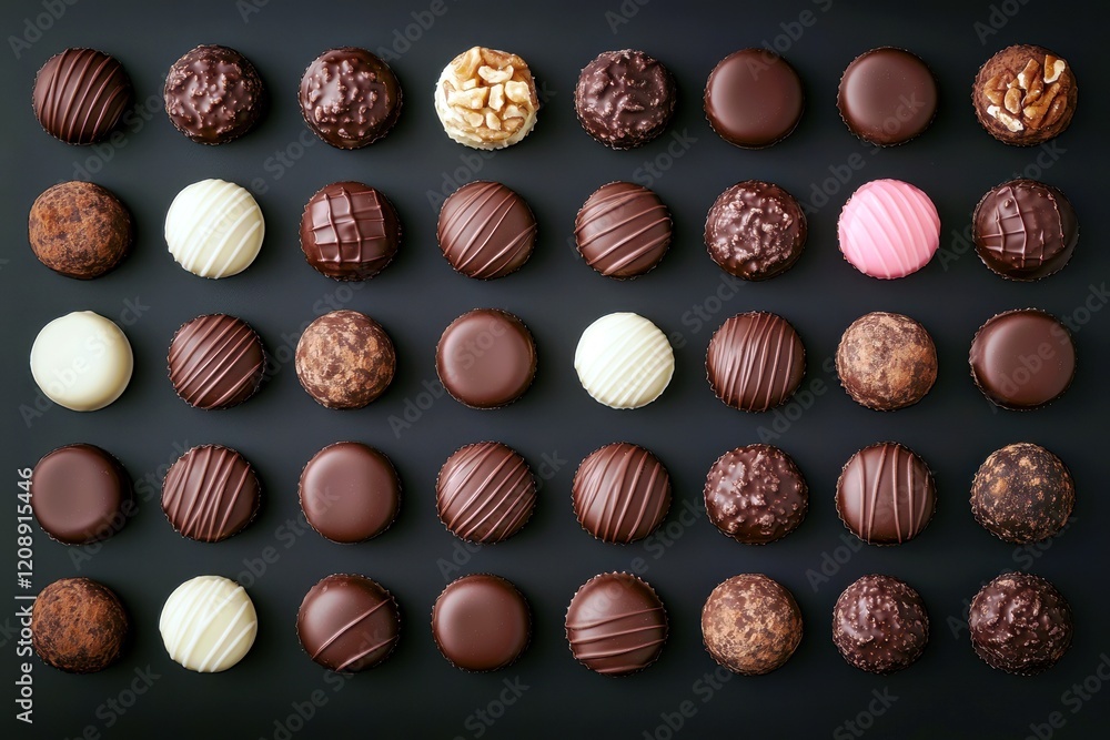 Poster assorted chocolate confections and truffles displayed in rows on a dark background for sweet treats 