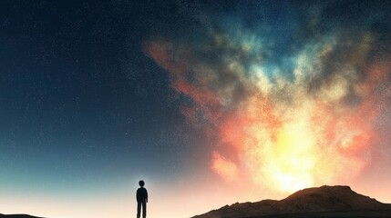 Obraz premium Person Standing in Awe Before Colorful Explosive Sky at Dusk Over Mountain Landscape