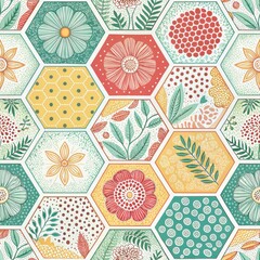 Hexagon Floral Tile Pattern Seamless Vintage Botanical Design Summery Flower Mosaic Background