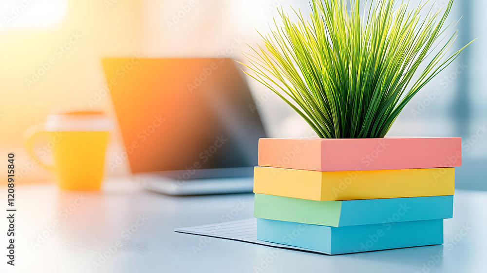Aufkleber a vibrant desk scene featuring a colorful stacked book arrangement and a small green plant, creating
