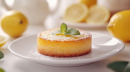Single Perfectly Baked Lemon Tart on White Plate with Lemons