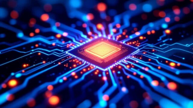 Glowing Computer Chip Circuit Board Closeup Technology Image