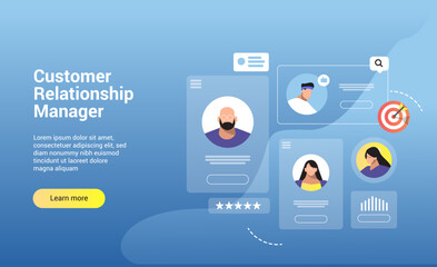 Concept of customer relationship management, marketing strategies and technologies for manage and development client interactions Vector landing page