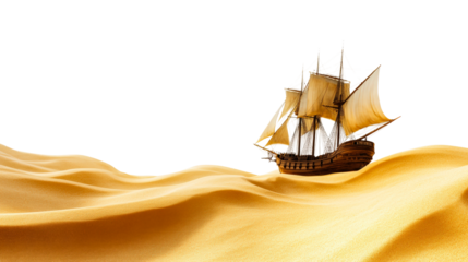 Ship navigating through vast golden sands under a bright sky during the day isolated on transparent background
