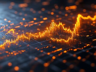 Fototapeta premium Glowing orange data graph on dark grid.