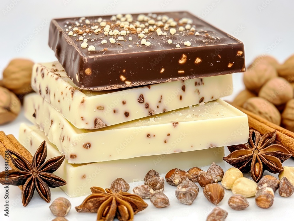 Poster delicious selection of chocolates with nuts and spices on a white background for culinary and food-r